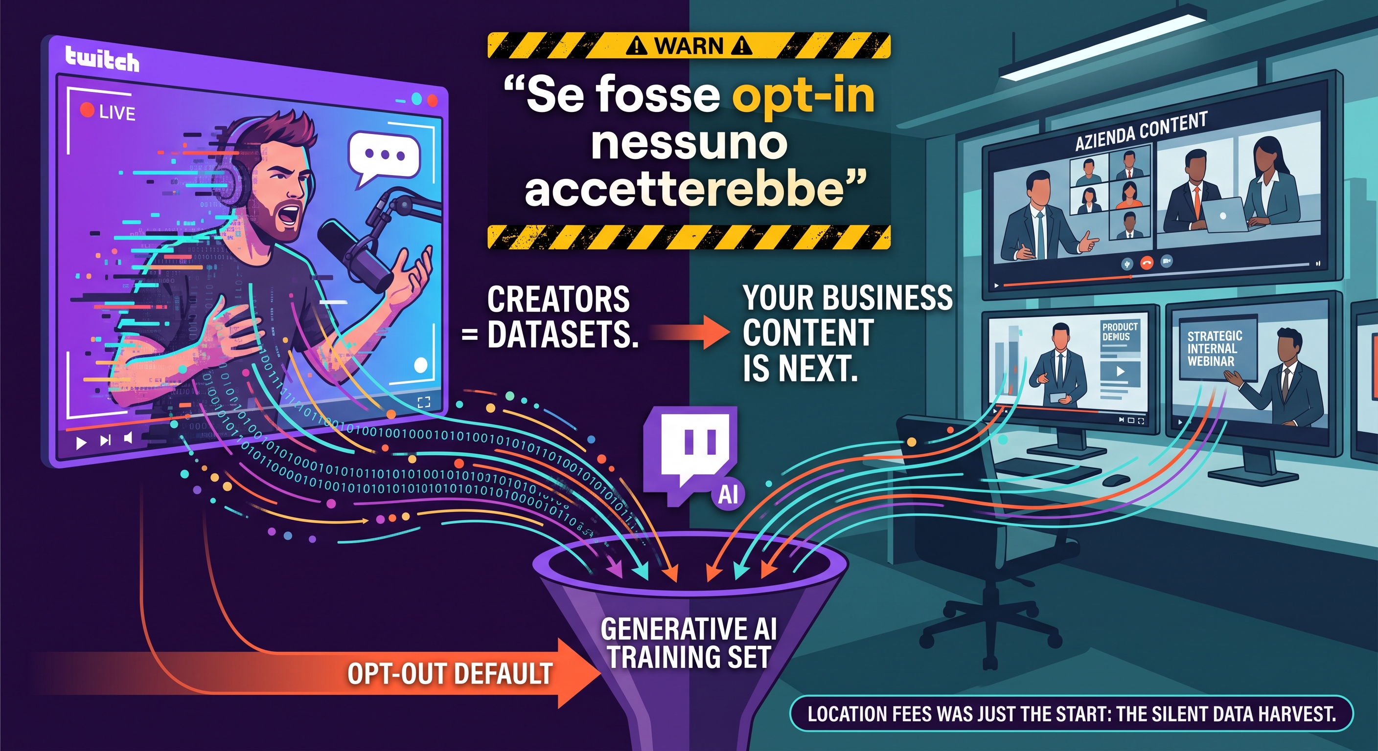 Se fosse opt-in nessuno accetterebbe: Twitch trasforma i creator in dataset, e i tuoi contenuti aziendali sono i prossimi